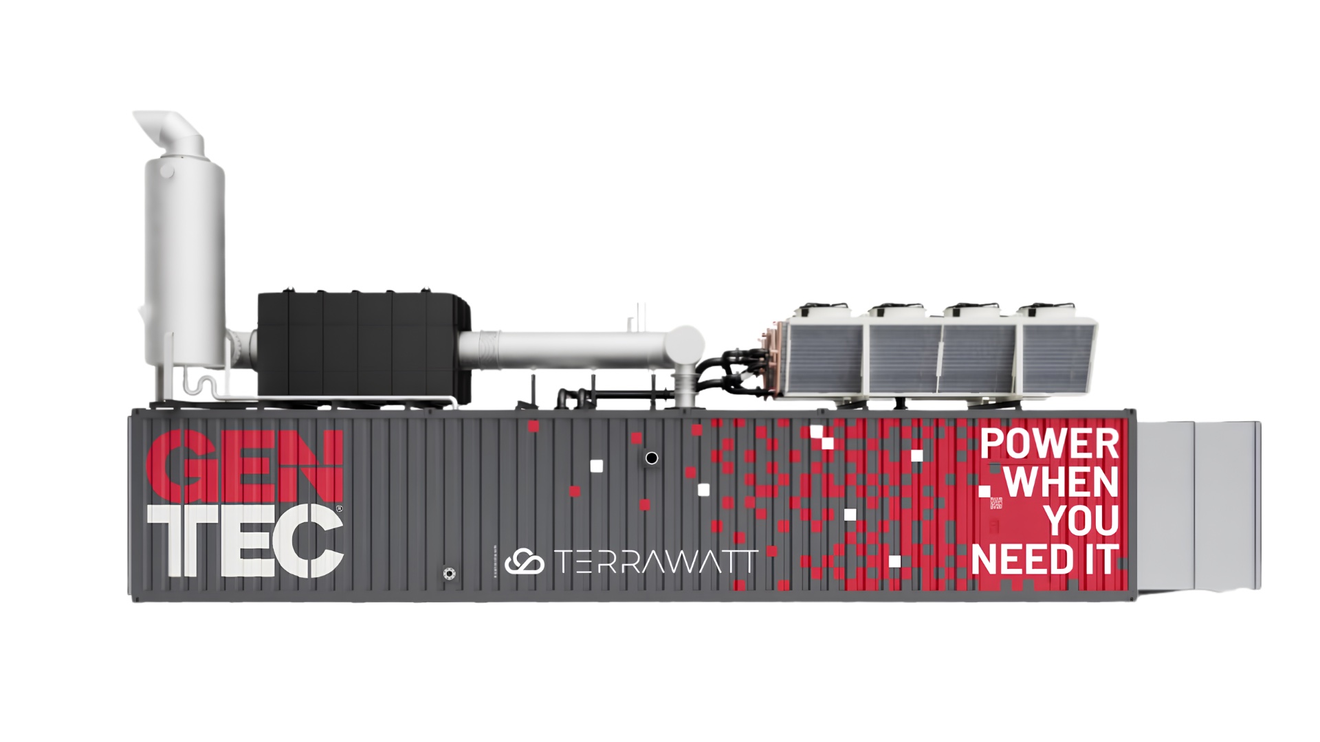 GENTEC and TerraWatt Power co-branded containerized natural gas power generation unit, full side profile